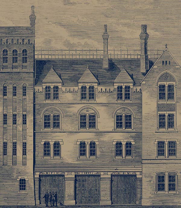 Etching of the firestation 1878 Brigade Court SE1 apartments